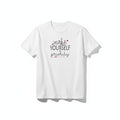 Aurapal white cotton crewneck t-shirt with Make Yourself A Priority graphic, red hearts, and arrow detail.