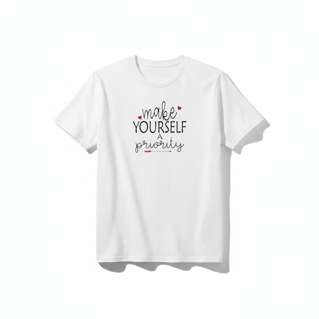 Aurapal white cotton crewneck t-shirt with Make Yourself A Priority graphic, red hearts, and arrow detail.