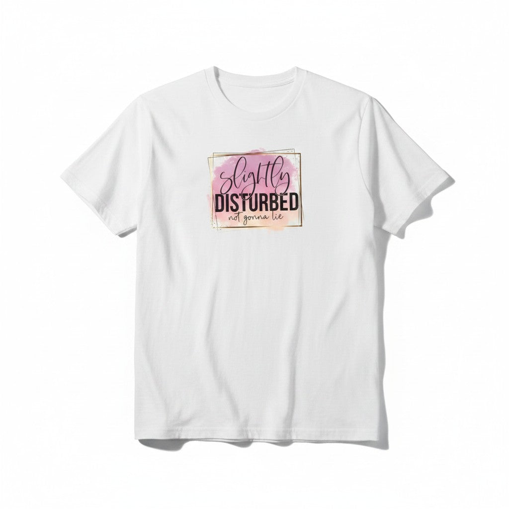 Aurapal white cotton crewneck t-shirt featuring a pink and orange watercolor graphic with gold frame and text.