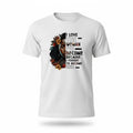 Aurapal white cotton crewneck t-shirt featuring a woman's portrait, floral accents, and an inspirational quote.