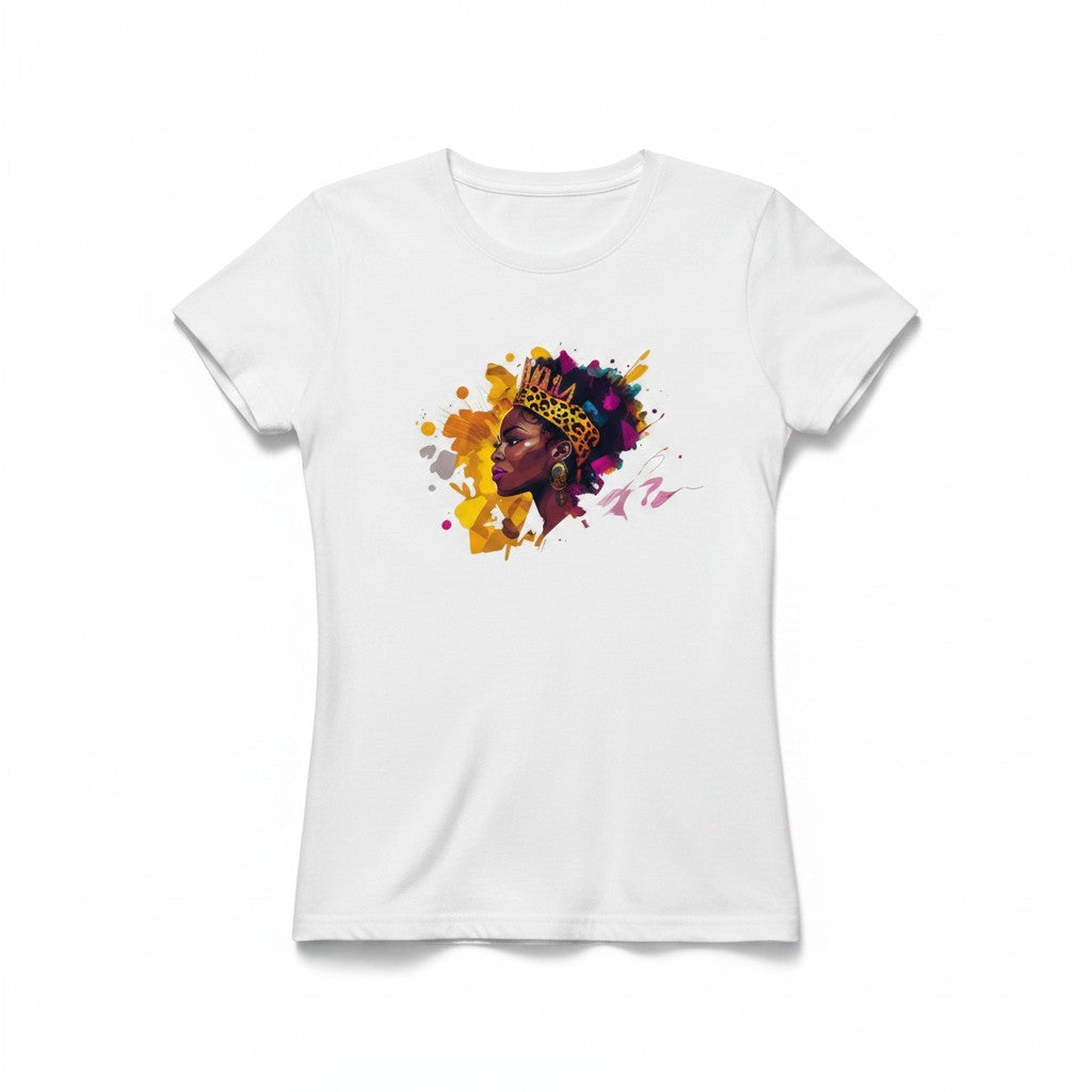 Aurapal white cotton t-shirt featuring a vibrant watercolor graphic of a queen with a leopard-print crown.