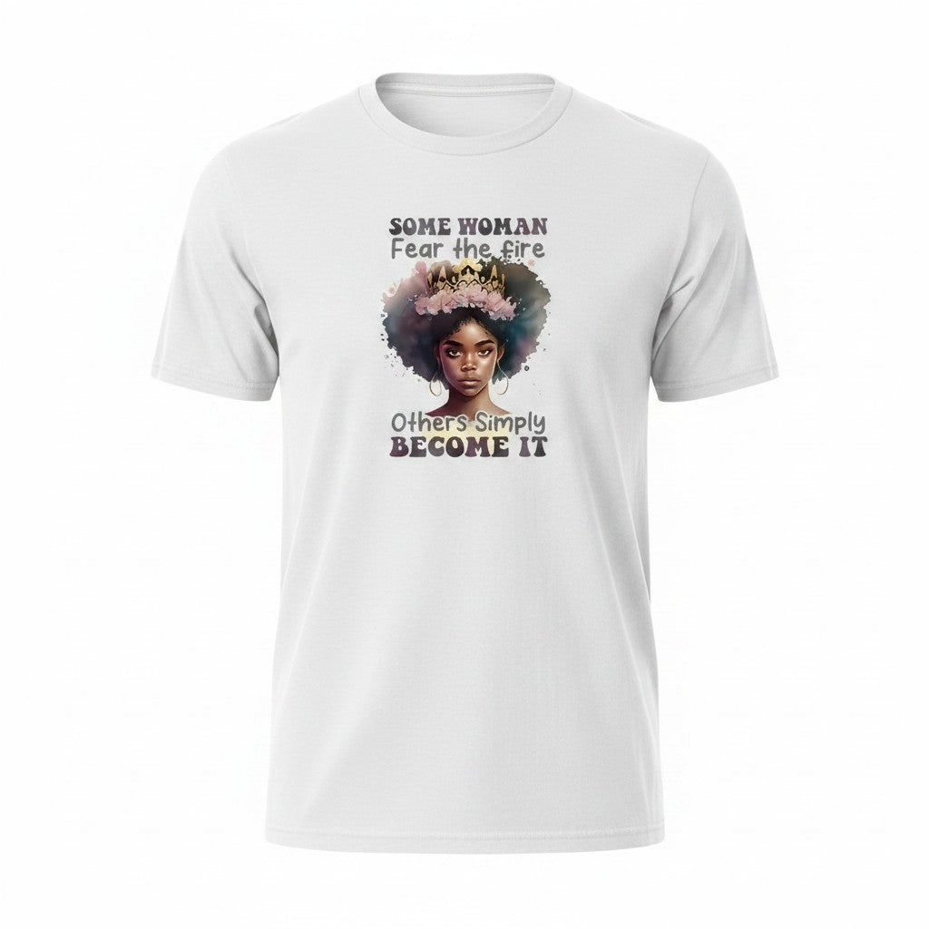 Aurapal white crew neck t-shirt featuring an artistic graphic of a queen with a floral crown and empowering quote.