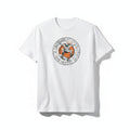 Aurapal white cotton crew neck t-shirt featuring a circular graphic print of a skater with orange accents.