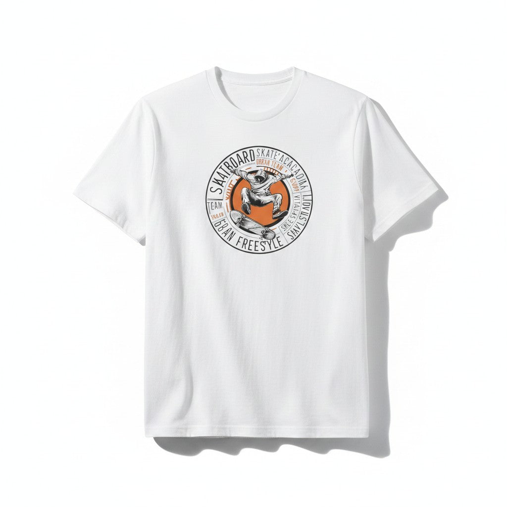 Aurapal white cotton crew neck t-shirt featuring a circular graphic print of a skater with orange accents.