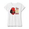 Aurapal white crew neck t-shirt with a graphic of a woman in a red cap, roses, and empowering text.