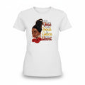 Aurapal white crew neck t-shirt featuring a graphic print of a woman with red roses and inspirational text.