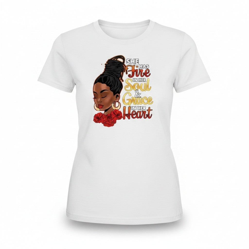 Aurapal white crew neck t-shirt featuring a graphic print of a woman with red roses and inspirational text.