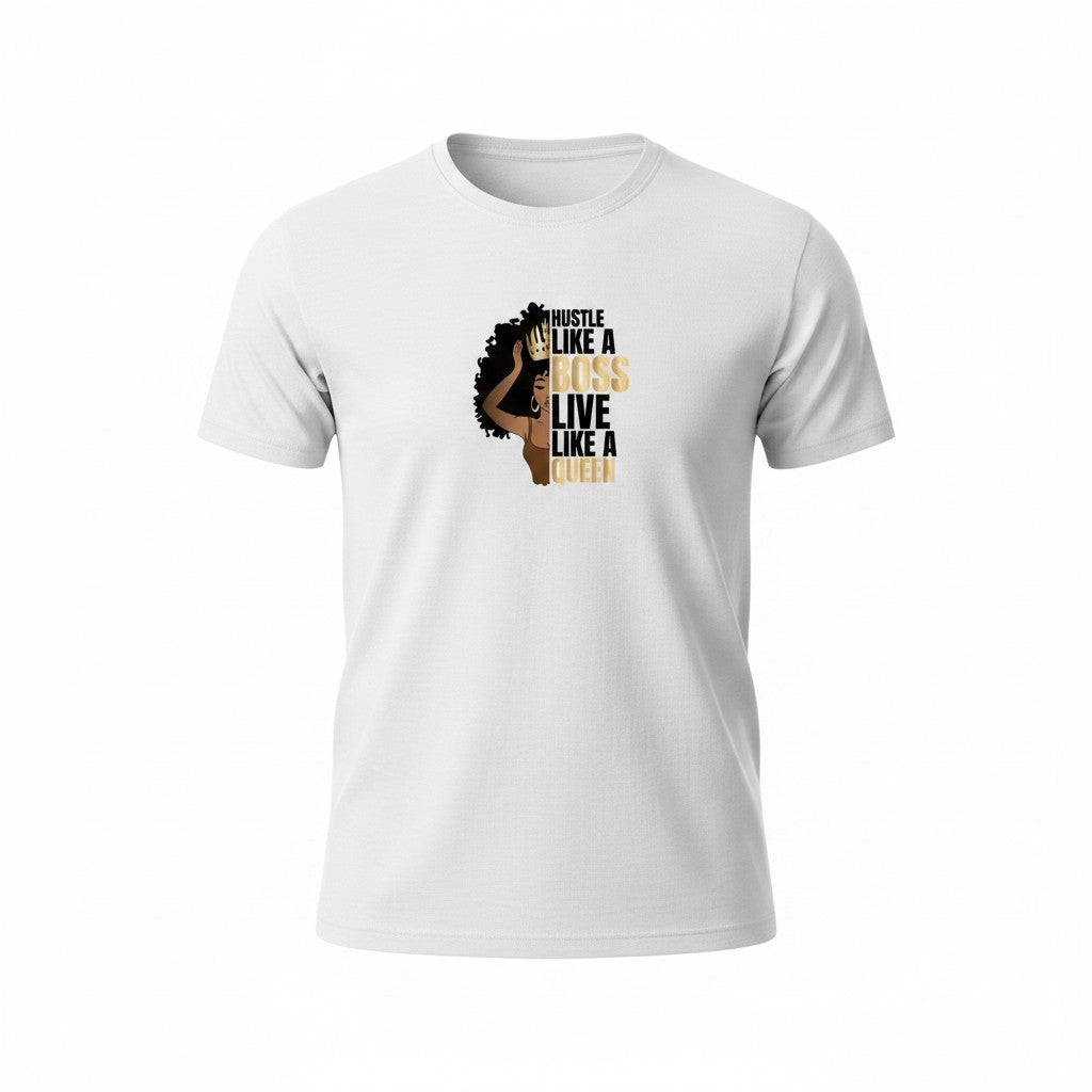 Aurapal white cotton crew neck t-shirt with a graphic of a woman wearing a crown and motivational text in gold and black