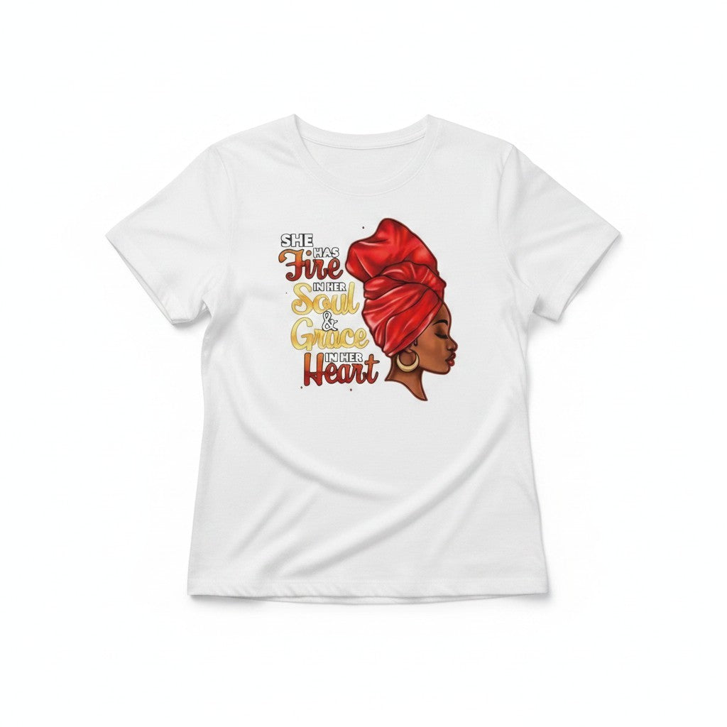 Aurapal white crew neck t-shirt featuring a graphic of a woman in a red headwrap with the text She has fire in her soul