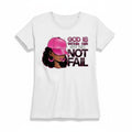 Aurapal white crewneck t-shirt featuring a graphic of a woman in a pink cap with the text God is within her