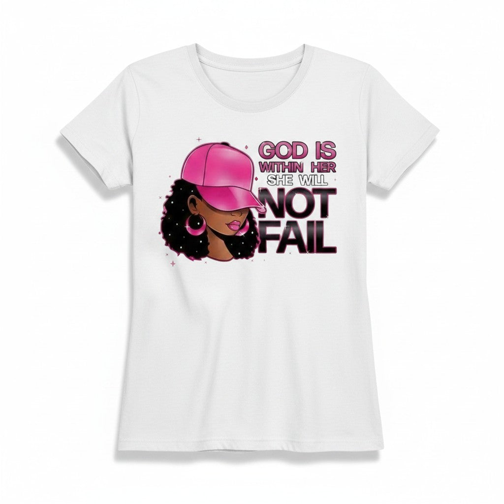 Aurapal white crewneck t-shirt featuring a graphic of a woman in a pink cap with the text God is within her