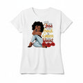Aurapal white crew neck t-shirt featuring an empowering graphic illustration of a woman with roses and inspirational text.
