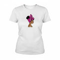 Aurapal white crew neck t-shirt featuring a vibrant graphic illustration of a woman wearing a pink headwrap