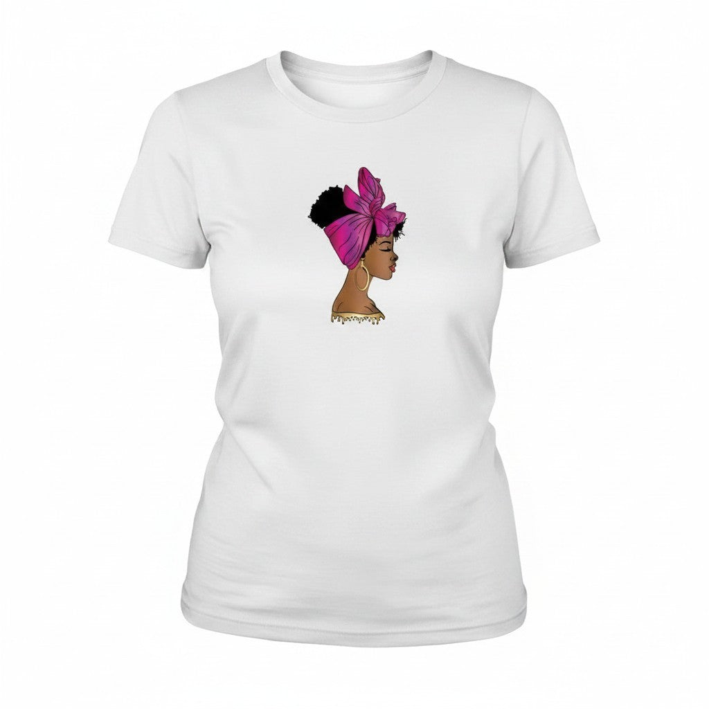 Aurapal white crew neck t-shirt featuring a vibrant graphic illustration of a woman wearing a pink headwrap