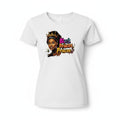 Aurapal white crew neck t-shirt featuring a vibrant graphic illustration of a regal woman wearing a golden crown.