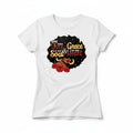 Aurapal white short sleeve crew neck t-shirt featuring a graphic of a woman with an afro and red roses