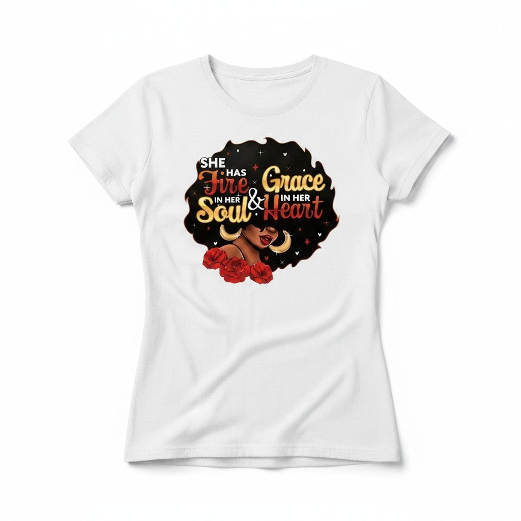 Aurapal white short sleeve crew neck t-shirt featuring a graphic of a woman with an afro and red roses