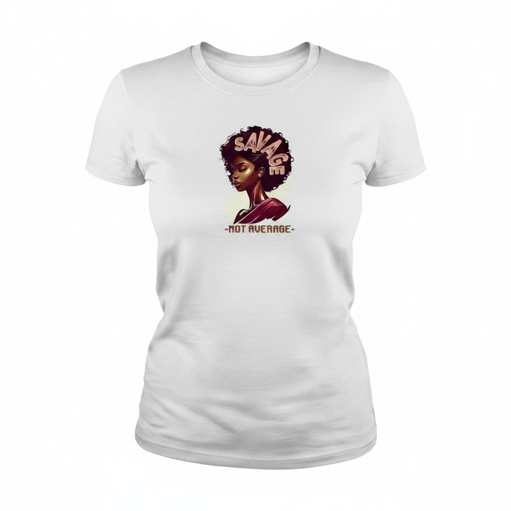 Aurapal white crewneck t-shirt featuring a bold graphic of a woman with natural hair and Savage Not Average text.