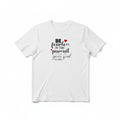 Aurapal white cotton crewneck t-shirt featuring black inspirational typography and small red heart accents