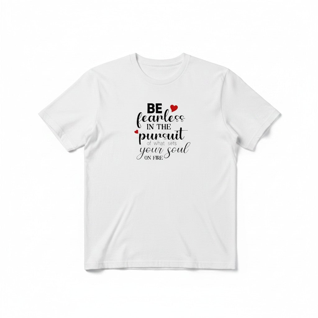 Aurapal white cotton crewneck t-shirt featuring black inspirational typography and small red heart accents