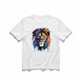 Aurapal white crew neck t-shirt featuring a vibrant watercolor-style lion graphic in blue, orange, and purple.