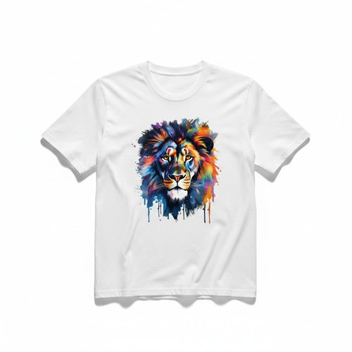 Aurapal white crew neck t-shirt featuring a vibrant watercolor-style lion graphic in blue, orange, and purple.