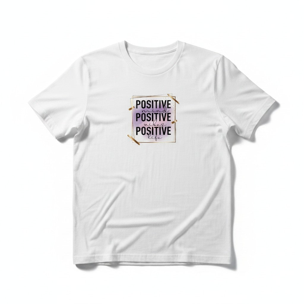 Aurapal white cotton crew neck t-shirt featuring a Positive Mindset graphic print with purple and gold accents.