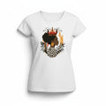 Aurapal white crew neck t-shirt featuring a vibrant graphic print of a queen with a crown and leopard print accents.