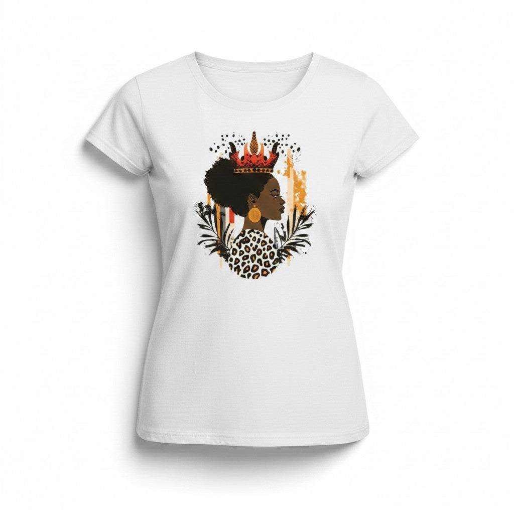 Aurapal white crew neck t-shirt featuring a vibrant graphic print of a queen with a crown and leopard print accents.