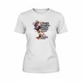 Aurapal white crewneck t-shirt featuring a watercolor queen graphic with floral accents and empowering text.