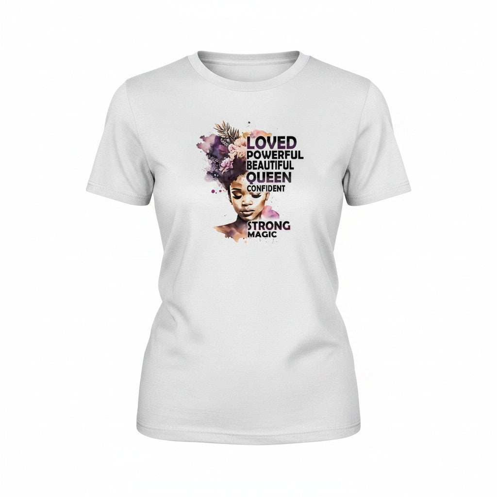 Aurapal white crewneck t-shirt featuring a watercolor queen graphic with floral accents and empowering text.