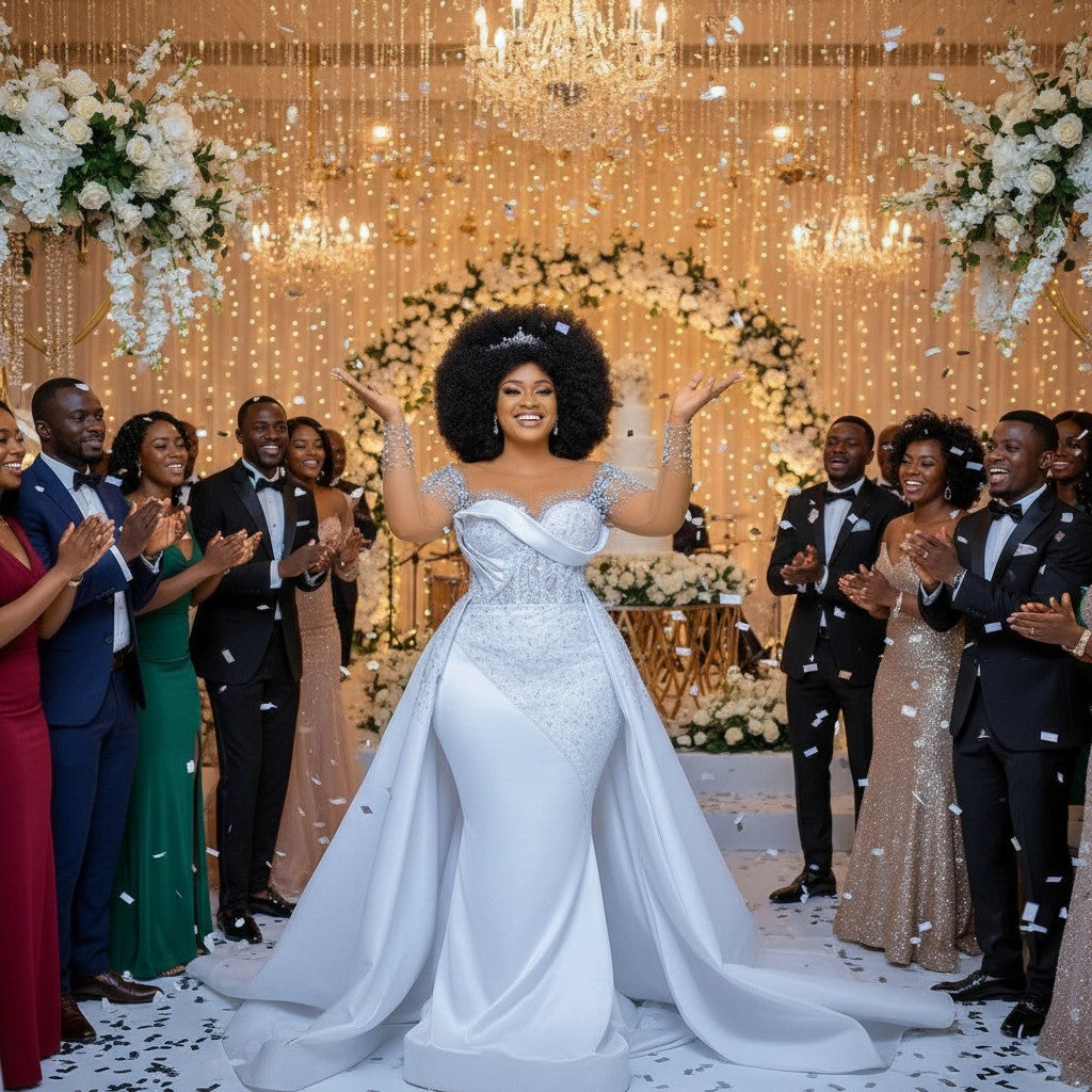 Aurapal white satin mermaid wedding gown with pearl lace bodice and off-shoulder sleeves worn by a smiling bride.