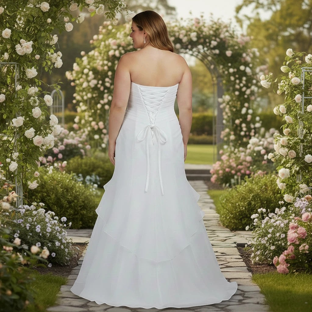 Aurapal plus-size white strapless mermaid wedding dress with corset back, standing in a romantic garden path.