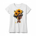 Aurapal white short sleeve t-shirt featuring a graphic print of a woman with a sunflower crown and sunglasses.