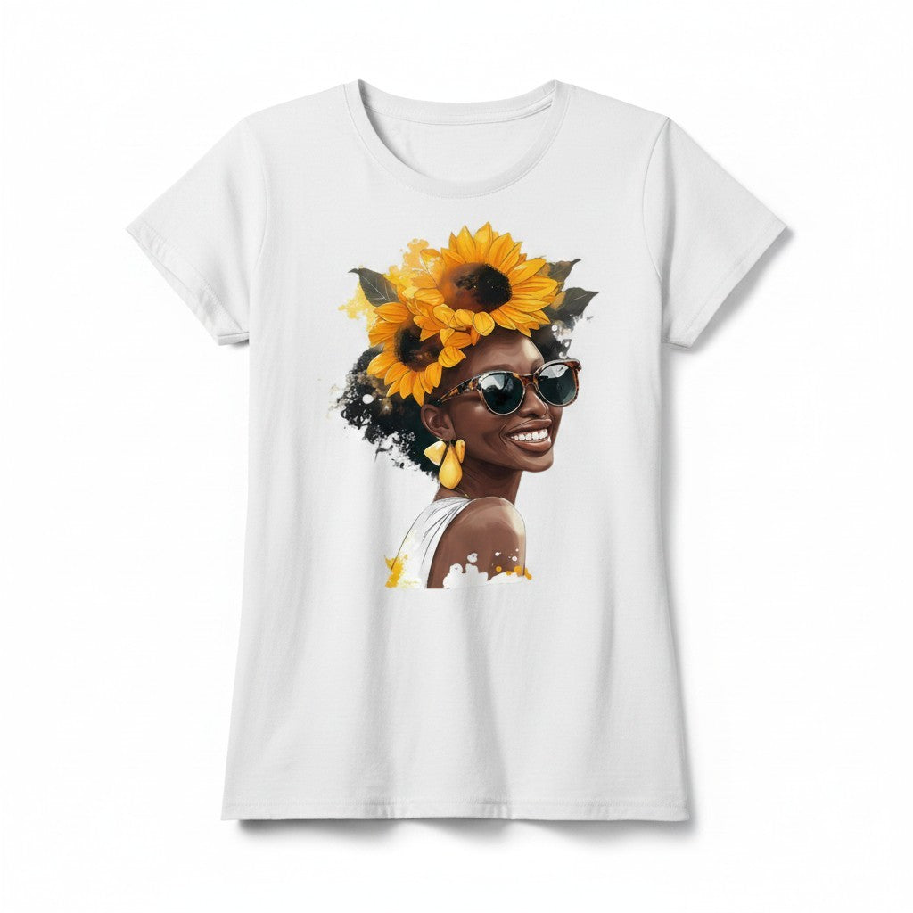 Aurapal white short sleeve t-shirt featuring a graphic print of a woman with a sunflower crown and sunglasses.