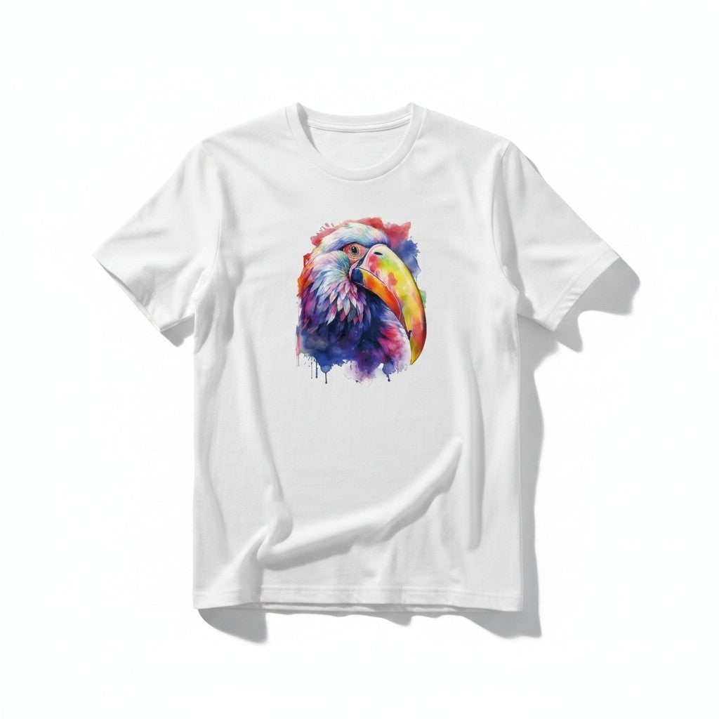 Aurapal white crewneck t-shirt featuring a vibrant watercolor toucan graphic print on the chest.