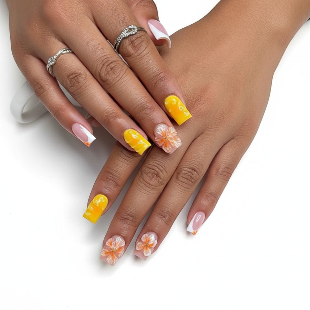 Aurapal Aura52 yellow textured press-on nails with floral accents and French tip design. Includes hand and toe nails.
