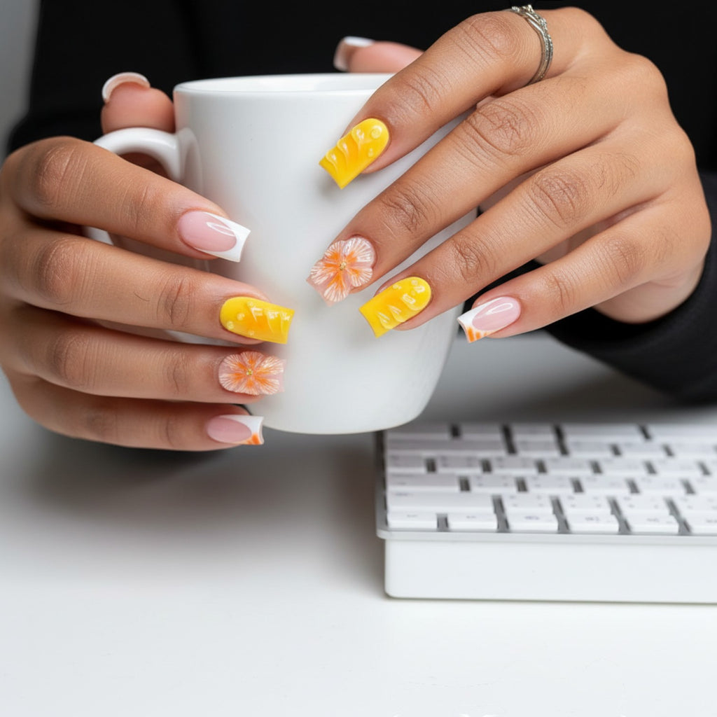 Aurapal Aura52 yellow textured press-on nails with floral accents and French tip designs.